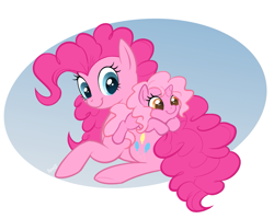 Size: 1131x904 | Tagged: safe, artist:mn27, pinkie pie, oc, earth pony, pony, unicorn, female, mother and child, mother and daughter, offspring, parent and child, parent:pinkie pie, ponies riding ponies