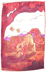 Size: 520x789 | Tagged: safe, artist:koshi-doshi, pinkie pie, butterfly, earth pony, pony, face down ass up, solo, tongue out, tree