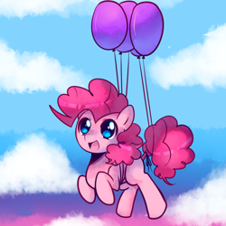 Size: 800x800 | Tagged: safe, artist:pekou, pinkie pie, earth pony, pony, balloon, cloud, cloudy, cute, diapinkes, flying, solo, then watch her balloons lift her up to the sky