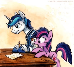 Size: 578x529 | Tagged: safe, artist:kenket, artist:spainfischer, shining armor, twilight sparkle, pony, unicorn, brother and sister, canterlot high, canterlot high blog, clothes, female, filly, filly twilight sparkle, homework, male, math, open mouth, paper, pencil, siblings, stallion, table, teenager, younger