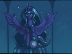 Size: 2000x1500 | Tagged: safe, artist:vezar56, princess luna, alicorn, pony, element of harmony, element of magic, frown, glare, night, raised hoof, s1 luna, sitting, solo, spread wings, throne, window