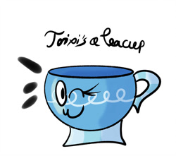 Size: 952x840 | Tagged: safe, derpibooru import, trixie, pony, ;3, happy, inanimate tf, misspelling, objectification, one eye closed, simple background, solo, teacup, teacupified, that pony sure does love teacups, transformation, trixie teacup, white background, wink