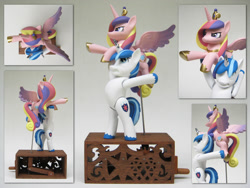 Size: 2272x1704 | Tagged: safe, artist:renegadecow, princess cadance, shining armor, alicorn, pony, unicorn, automaton, craft, custom, epic wife tossing, fastball special, sculpture, woodwork