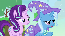 Size: 1280x720 | Tagged: safe, derpibooru import, screencap, starlight glimmer, trixie, pony, unicorn, to change a changeling, duo, lidded eyes