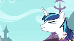 Size: 576x324 | Tagged: safe, screencap, discord, lord tirek, shining armor, centaur, draconequus, pony, unicorn, twilight's kingdom, all new, animated, armor, defeated, drained, empty eyes, face down ass up, floppy ears, glare, grabbing, grin, hub logo, hubble, magic, magic theft, male, nose piercing, nose ring, open mouth, piercing, shaking, sin of greed, smiling, smug, stallion, text, that centaur sure does love magic, the hub, wide eyes