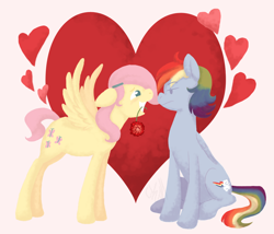 Size: 1110x949 | Tagged: dead source, safe, artist:cartoonlion, fluttershy, rainbow dash, pegasus, pony, female, filly, flower, flutterdash, heart, lesbian, shipping