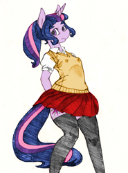 Size: 887x1200 | Tagged: safe, artist:yachimata, color edit, edit, twilight sparkle, anthro, alternate hairstyle, clothes, colored, pencil drawing, ponytail, school uniform, socks, solo, stockings, thigh highs, traditional art