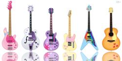 Size: 1280x647 | Tagged: safe, artist:miind honey, derpibooru import, applejack, fluttershy, pinkie pie, rainbow dash, rarity, twilight sparkle, flying v, guitar, les paul, no pony, telecaster