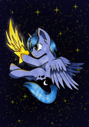 Size: 1600x2263 | Tagged: safe, artist:panhaukatze, princess luna, alicorn, pony, s1 luna, solo, space, stars, tangible heavenly object, traditional art, watermark