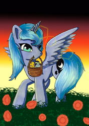 Size: 1600x2263 | Tagged: safe, artist:panhaukatze, princess luna, alicorn, pony, basket, dawn, easter, easter egg, egg, flower, mouth hold, s1 luna, solo, spread wings, traditional art, twilight (astronomy), watermark