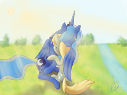 Size: 3200x2400 | Tagged: safe, artist:leoskogkatt, derpy hooves, princess luna, alicorn, pegasus, pony, cute, derpabetes, female, hug, lesbian, lunabetes, lunaderp, mare, river, shipping, stream, winghug