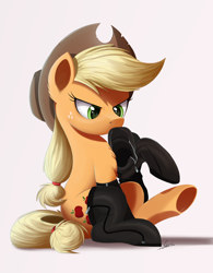 Size: 1092x1400 | Tagged: safe, artist:ncmares, applejack, earth pony, pony, angry, boots, clothes, female, fireproof boots, freckles, hat, mare, mouth hold, simple background, sitting, socks, solo, stockings, thigh highs, underhoof, zipper