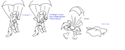 Size: 1280x512 | Tagged: safe, artist:phallen1, derpibooru import, trixie, pony, unicorn, 1000 hours in ms paint, comic, falling in style, female, mare, monochrome, ms paint, parachute, skydiving, solo