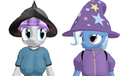 Size: 1280x768 | Tagged: safe, artist:ray670, derpibooru import, maud pie, trixie, anthro, 3d, blushing, female, hat, helmet, lesbian, mauxie, shipping