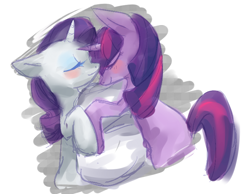 Size: 716x557 | Tagged: safe, artist:beato-riiche, derpibooru import, rarity, twilight sparkle, pony, unicorn, blushing, female, lesbian, pillow, rarilight, shipping, sleeping