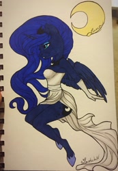 Size: 2234x3225 | Tagged: safe, artist:silentwulv, princess luna, anthro, clothes, dress, solo, traditional art