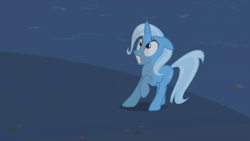 Size: 1280x720 | Tagged: safe, derpibooru import, screencap, trixie, pony, unicorn, boast busters, female, floppy ears, frown, gritted teeth, looking up, mare, raised hoof, scared, solo, wide eyes