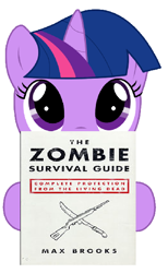 Size: 382x620 | Tagged: safe, derpibooru import, twilight sparkle, zombie, book, cute, filly, max brooks, must-read, read, zombie survival guide