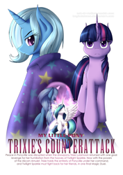 Size: 2059x2912 | Tagged: safe, artist:boyindahaus, derpibooru import, princess celestia, trixie, twilight sparkle, alicorn, pony, unicorn, magic duel, char's counterattack, female, gundam, mare, poster, watermark