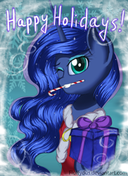 Size: 1636x2248 | Tagged: safe, artist:fluffydus, princess luna, alicorn, pony, candy, candy cane, christmas, food, solo