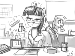 Size: 800x603 | Tagged: safe, artist:johnjoseco, derpibooru import, derpy hooves, twilight sparkle, pegasus, pony, clothes, female, glasses, grayscale, lab, lab coat, laboratory, mare, monochrome, science, test tube