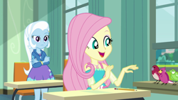 Size: 1280x720 | Tagged: safe, derpibooru import, screencap, fluttershy, trixie, a little birdie told me, better together, equestria girls