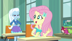 Size: 1280x720 | Tagged: safe, derpibooru import, screencap, fluttershy, trixie, a little birdie told me, better together, equestria girls