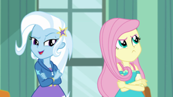 Size: 1280x720 | Tagged: safe, derpibooru import, screencap, fluttershy, trixie, a little birdie told me, better together, equestria girls, cute, fluttershy is not amused, unamused