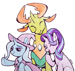 Size: 750x708 | Tagged: safe, artist:vampireselene13, derpibooru import, starlight glimmer, thorax, trixie, changedling, changeling, pony, unicorn, clothes, female, hat, king thorax, male, mare, simple background, transparent background, trio, trixie's hat