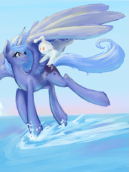 Size: 903x1200 | Tagged: safe, artist:sarochan, princess luna, alicorn, pony, flying, ocean, reddit, snoo, solo