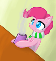 Size: 901x985 | Tagged: safe, artist:kiruki1999, pinkie pie, earth pony, pony, clothes, hot chocolate, scarf, solo