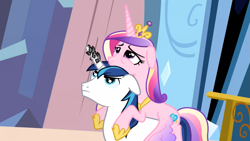 Size: 1365x768 | Tagged: safe, screencap, princess cadance, shining armor, alicorn, pony, unicorn, the crystal empire, female, horn, horn crystals, looking up, magic suppression, male, ponies riding ponies, shiningcadance, shipping, straight