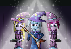 Size: 1280x884 | Tagged: safe, artist:cheesybroccoligirl, artist:polishcrossoverfan, derpibooru import, fuchsia blush, lavender lace, trixie, equestria girls, rainbow rocks, background human, female, trixie and the illusions