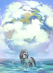 Size: 2194x3020 | Tagged: safe, artist:mirroredsea, marble pie, earth pony, pony, cloud, cute, earth, female, jewelry, marblebetes, mare, pendant, planet, smiling, solo, standing in water, water