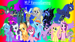 Size: 1920x1080 | Tagged: safe, artist:amigogogo, derpibooru import, applejack, derpy hooves, discord, fluttershy, mane-iac, nightmare moon, pinkie pie, princess cadance, princess luna, queen chrysalis, rainbow dash, rarity, spike, trixie, twilight sparkle, twilight sparkle (alicorn), alicorn, changeling, changeling queen, dragon, earth pony, pegasus, pony, unicorn, mane seven, mane six, vanossgaming