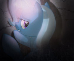 Size: 1024x853 | Tagged: safe, artist:uglytree, derpibooru import, trixie, pony, unicorn, female, glowing horn, looking back, mare, solo