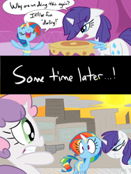 Size: 1050x1400 | Tagged: safe, artist:elslowmo, artist:tess, rainbow dash, rarity, sweetie belle, pegasus, pony, unicorn, gun, spot the imposter, sweetiedumb, this will end in tears and/or death