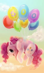 Size: 540x900 | Tagged: safe, artist:kaceymeg, pinkie pie, earth pony, pony, 500, balloon, milestone, solo, then watch her balloons lift her up to the sky