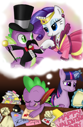 Size: 900x1372 | Tagged: safe, artist:peppersupreme, derpibooru import, rarity, spike, twilight sparkle, dragon, pony, unicorn, dancing, female, male, moustache, shipping, sparity, straight, valentine's day