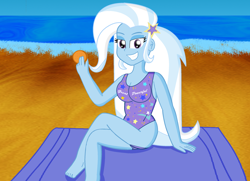 Size: 2538x1839 | Tagged: safe, artist:cyber-murph, derpibooru import, trixie, equestria girls, beach, breasts, clothes, female, hilarious in hindsight, one-piece swimsuit, solo, swimsuit, titsie