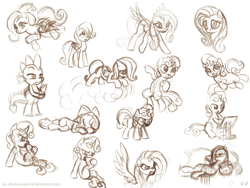 Size: 1000x750 | Tagged: safe, artist:kp-shadowsquirrel, fluttershy, pinkie pie, spike, sweetie belle, dragon, earth pony, pegasus, pony, filly, monochrome, pinkamena diane pie, sketch, sketch dump, sofa