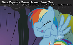 Size: 800x500 | Tagged: safe, screencap, rainbow dash, pegasus, pony, bronyetiquette, image macro, meta, revised, text