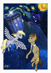 Size: 1280x1810 | Tagged: safe, artist:linaprime, derpy hooves, doctor whooves, princess luna, alicorn, pegasus, pony, doctor who, female, glowing eyes, mare, space, starry night, tardis, the starry night, vincent van gogh