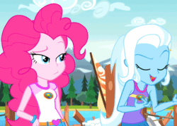 Size: 640x459 | Tagged: safe, derpibooru import, screencap, pinkie pie, trixie, equestria girls, legend of everfree, animated, camp everfree outfits, facepalm, gif