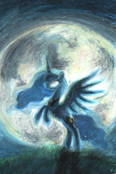 Size: 549x822 | Tagged: source needed, useless source url, safe, artist:buttersprinkle, princess luna, alicorn, pony, moon, night, rearing, solo, traditional art