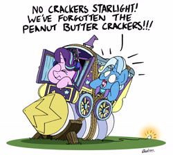 Size: 6782x6072 | Tagged: safe, artist:bobthedalek, derpibooru import, starlight glimmer, trixie, pony, unicorn, a grand day out, duo, facehoof, female, headphones, mare, rocket, simple background, that pony sure does love peanut butter crackers, toy interpretation, trixie's rocket, trixie's wagon, wallace and gromit, white background