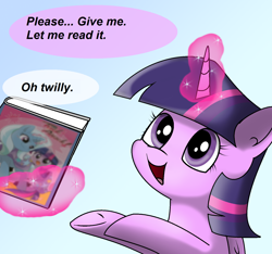 Size: 1480x1388 | Tagged: safe, artist:pencil bolt, derpibooru import, trixie, twilight sparkle, twilight sparkle (alicorn), alicorn, pony, book, dialogue, glowing horn, gradient background, magic, telekinesis