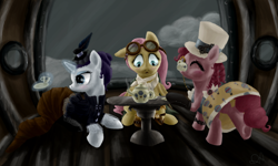 Size: 3000x1800 | Tagged: safe, artist:quintessantriver, fluttershy, pinkie pie, rarity, earth pony, pegasus, pony, unicorn, steampunk