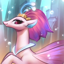 Size: 1200x1200 | Tagged: safe, artist:mirroredsea, queen novo, pony, seapony (g4), my little pony: the movie, beautiful, bubble, bust, collar, colored pupils, crepuscular rays, crown, cute, digital art, eyelashes, eyeshadow, female, fin wings, fins, flowing mane, glowing, jewelry, lidded eyes, looking at you, makeup, novobetes, ocean, portrait, profile, purple eyes, purple wings, queen, regalia, seaquestria, smiling, smiling at you, solo, sunlight, swimming, underwater, water, wings