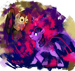 Size: 1000x950 | Tagged: safe, artist:cuteskitty, derpibooru import, owlowiscious, twilight sparkle, bird, owl, pony, unicorn, female, flying, mare, multicolored mane, multicolored tail, pet, purple coat, raised hoof, signature